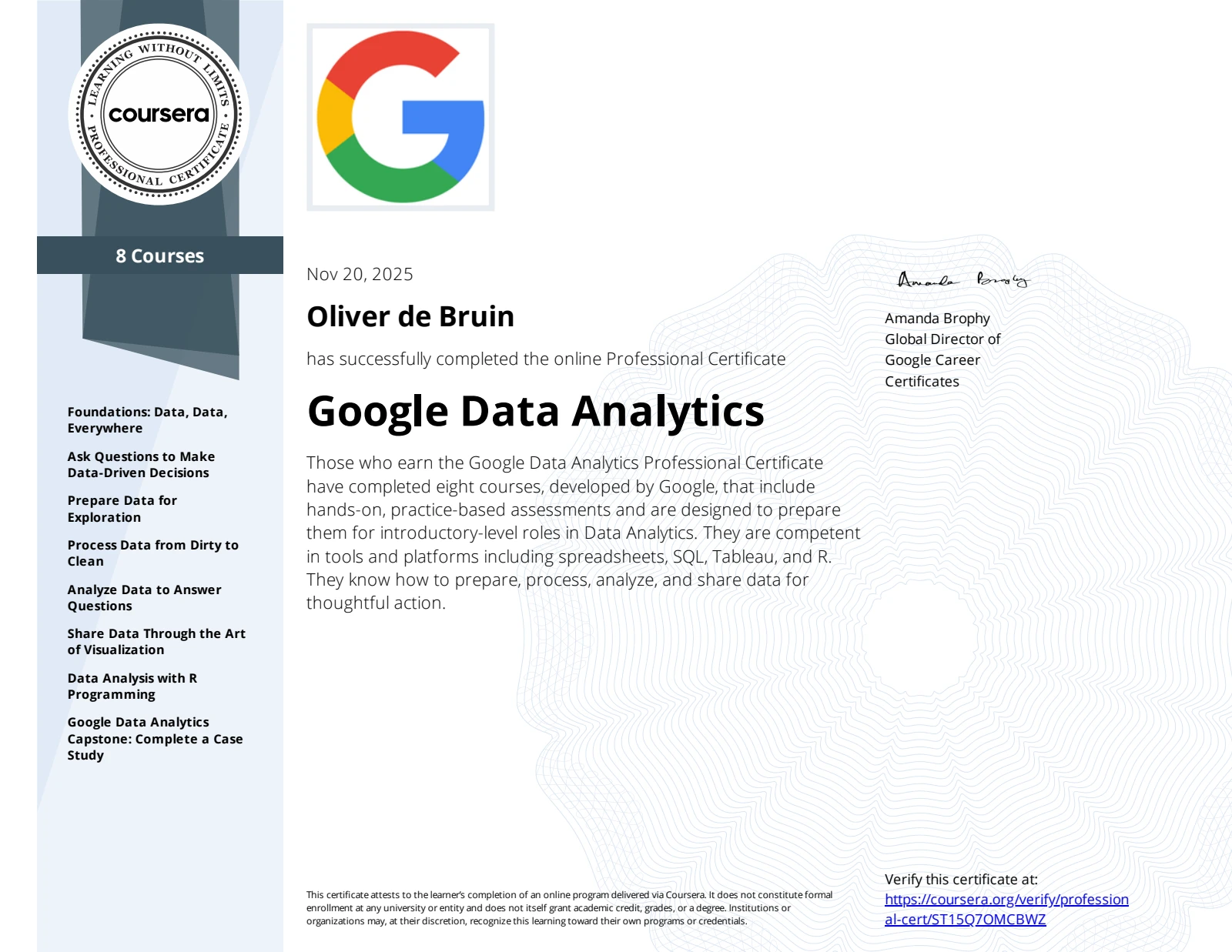 Google Data Analytics certificate awarded to Oliver de Bruin